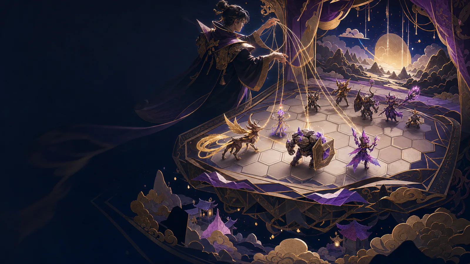 A summoner arranges a shield beast, flanker and support unit across a hex battlefield.