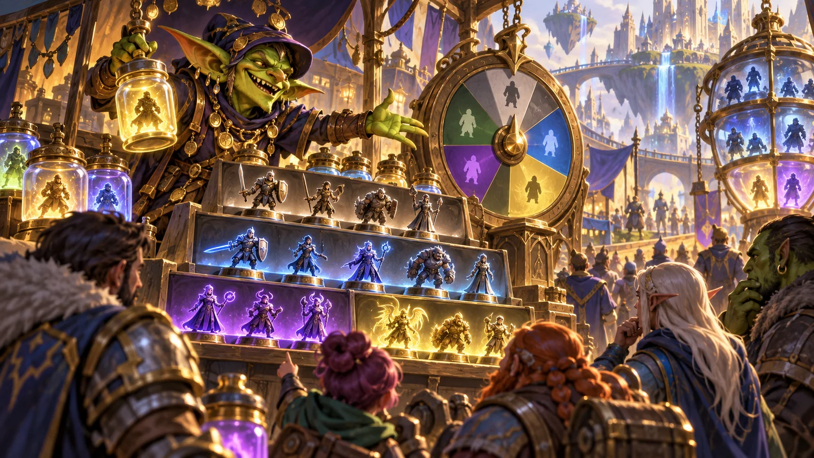 A fantasy market master displays tiered units and shared supply